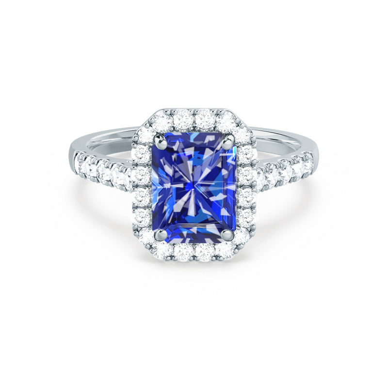 ESME - Radiant Lab-Grown Blue Sapphire & Diamond 18k White Gold Halo Engagement Ring Lily Arkwright