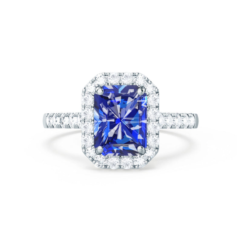 ESME - Radiant Lab-Grown Blue Sapphire & Diamond Platinum 950 Halo Engagement Ring Lily Arkwright