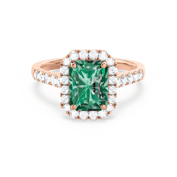 ESME - Radiant Lab-Grown Emerald & Diamond 18k Rose Gold Halo Engagement Ring Lily Arkwright