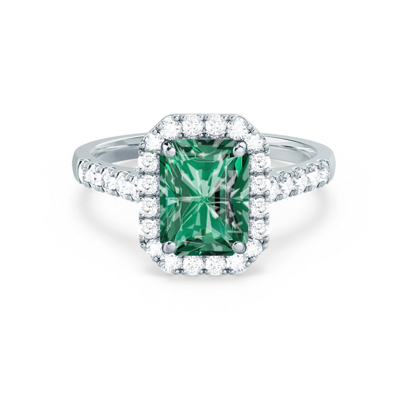 ESME - Radiant Lab-Grown Emerald & Diamond 18k White Gold Halo Engagement Ring Lily Arkwright