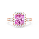 ESME - Radiant Lab-Grown Pink Sapphire & Diamond 18k Rose Gold Halo Engagement Ring Lily Arkwright