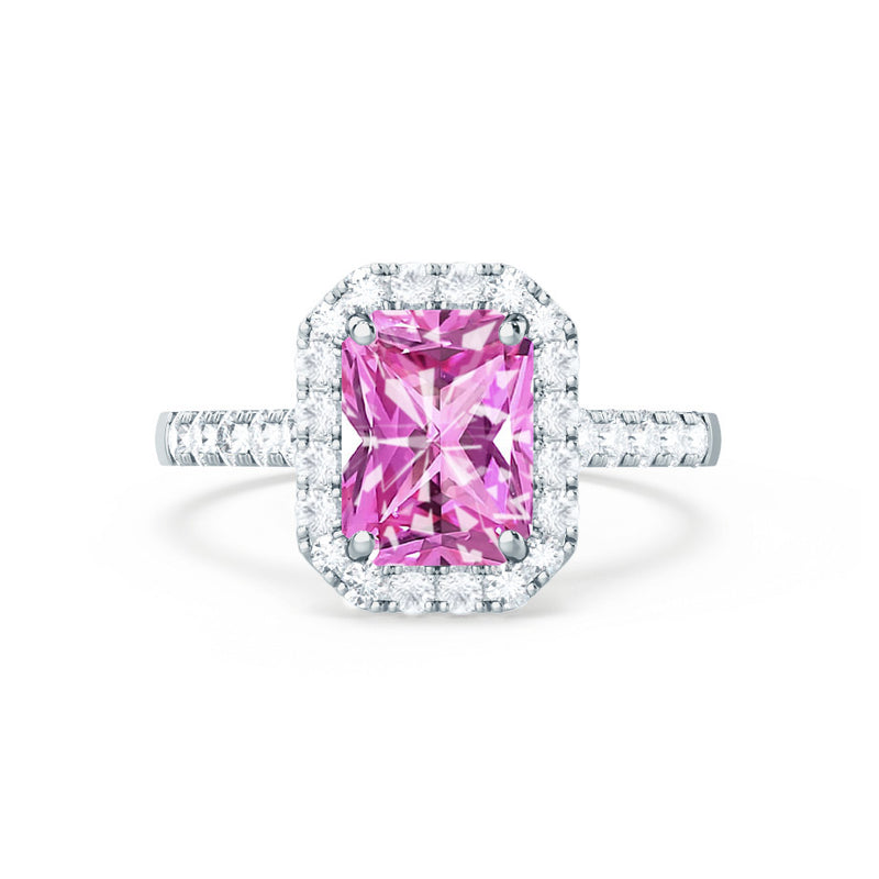 ESME - Radiant Lab-Grown Pink Sapphire & Diamond 18k White Gold Halo Engagement Ring Lily Arkwright