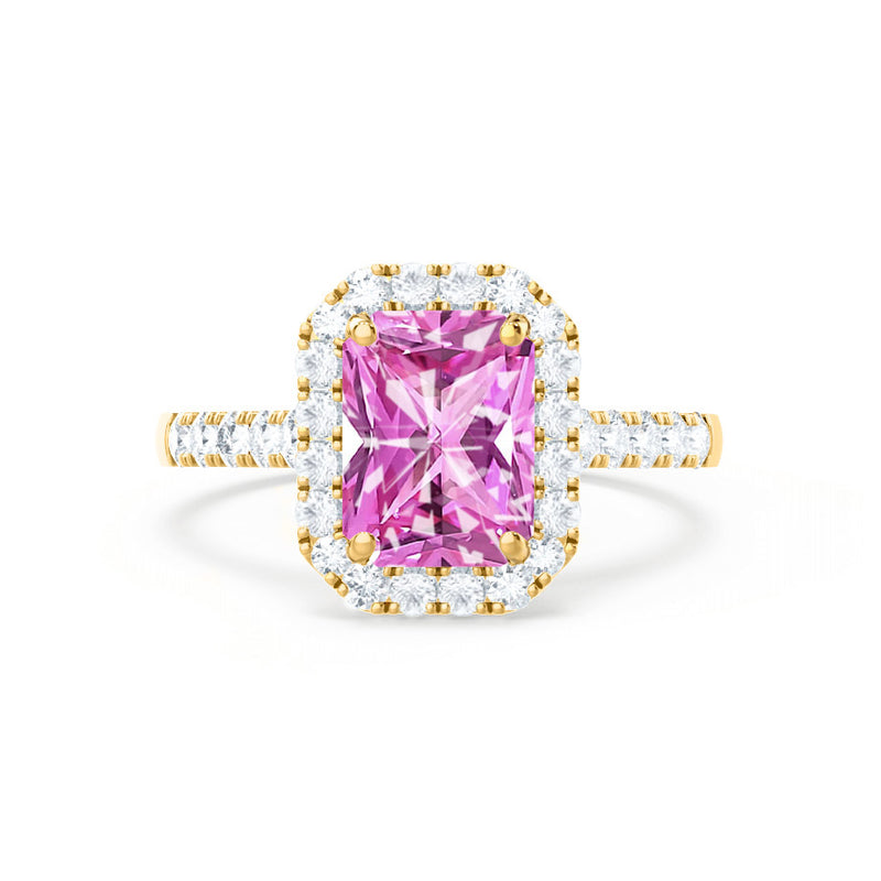 ESME - Radiant Lab-Grown Pink Sapphire & Diamond 18k Yellow Gold Halo Engagement Ring Lily Arkwright