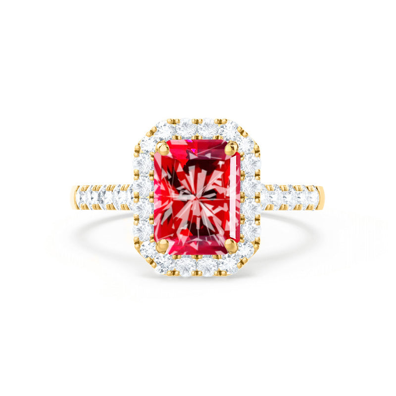 ESME - Radiant Lab-Grown Ruby & Diamond 18k Yellow Gold Halo Engagement Ring Lily Arkwright