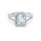 EVERLY - Radiant Moissanite & Diamond 18k White Gold Split Shank Halo Ring Engagement Ring Lily Arkwright