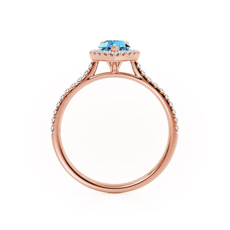 HARLOW - Pear Aqua Spinel & Diamond 18k Rose Gold Halo Engagement Ring Lily Arkwright