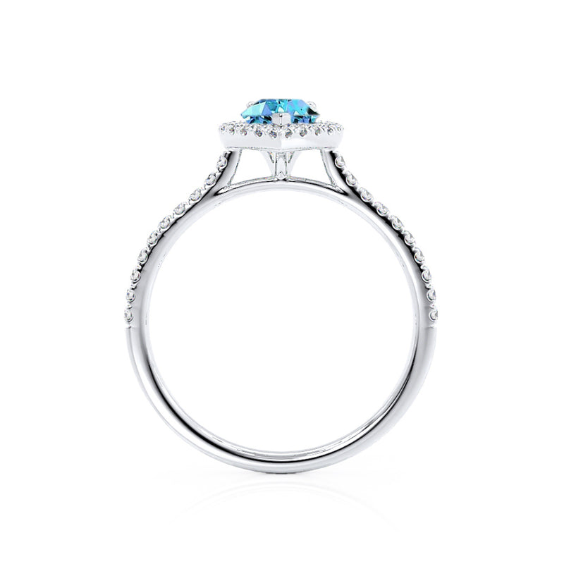 HARLOW - Pear Aqua Spinel & Diamond 950 Platinum Halo Engagement Ring Lily Arkwright