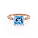 HOPE - Princess Aqua Spinel & Diamond 18k Rose Gold Vintage Shoulder Set Engagement Ring Lily Arkwright
