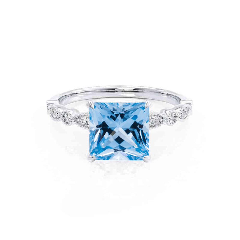 HOPE - Princess Aqua Spinel & Diamond 18k White Gold Vintage Shoulder Set Engagement Ring Lily Arkwright
