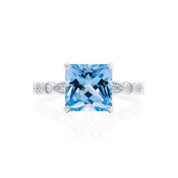 HOPE - Princess Aqua Spinel & Diamond 18k White Gold Vintage Shoulder Set Engagement Ring Lily Arkwright