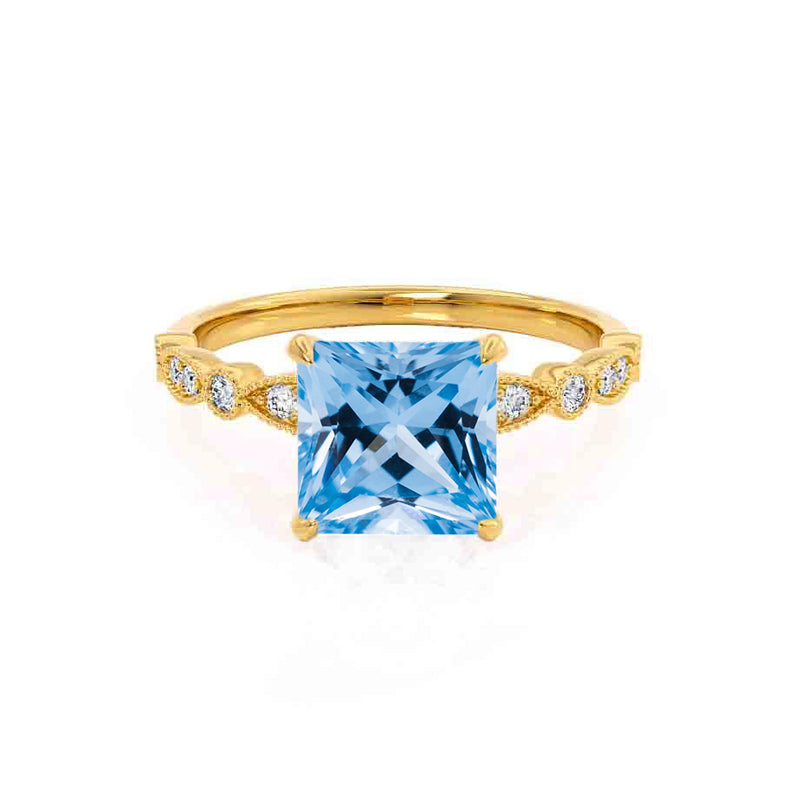 HOPE - Princess Aqua Spinel & Diamond 18k Yellow Gold Vintage Shoulder Set Engagement Ring Lily Arkwright