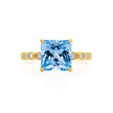HOPE - Princess Aqua Spinel & Diamond 18k Yellow Gold Vintage Shoulder Set Engagement Ring Lily Arkwright