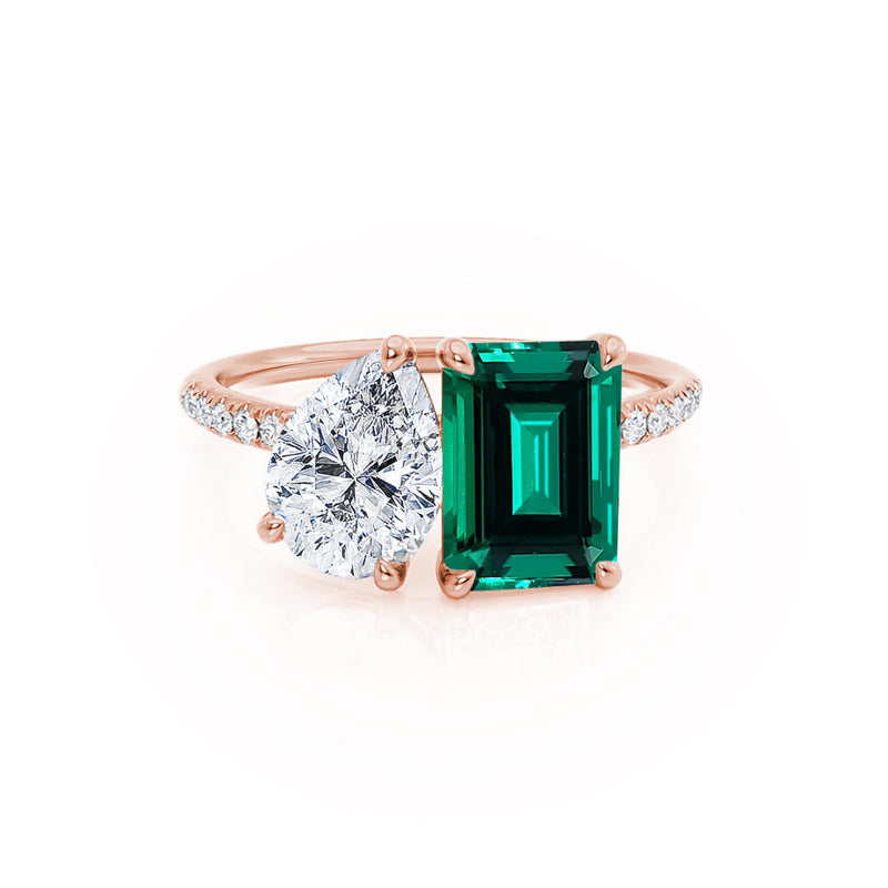 CELESTE - Toi Et Moi Chatham® Green Emerald & Lab Diamond Pear Cut Ring 18k Rose Gold