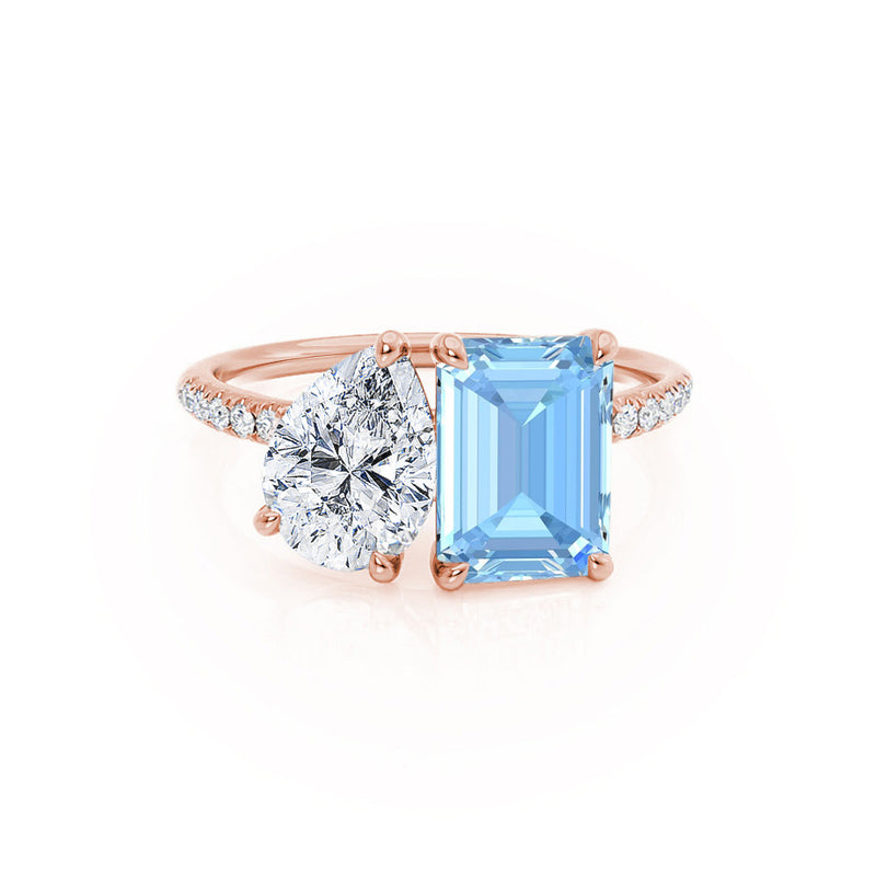 CELESTE - Toi Et Moi Chatham® Aqua Spinel Emerald & Lab Diamond Pear Cut Ring 18k Rose Gold