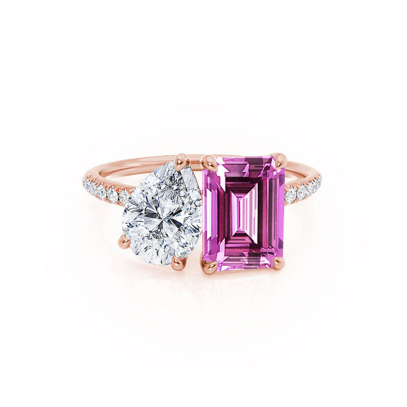 CELESTE - Toi Et Moi Chatham® Pink Sapphire Emerald & Lab Diamond Pear Cut Ring 18k Rose Gold