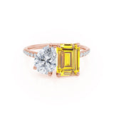 CELESTE - Toi Et Moi Chatham® Yellow Sapphire Emerald & Lab Diamond Pear Cut Ring 18k Rose Gold