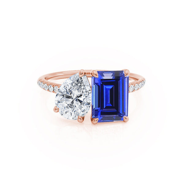 CELESTE - Toi Et Moi Chatham® Sapphire Emerald & Lab Diamond Pear Cut Ring 18k Rose Gold