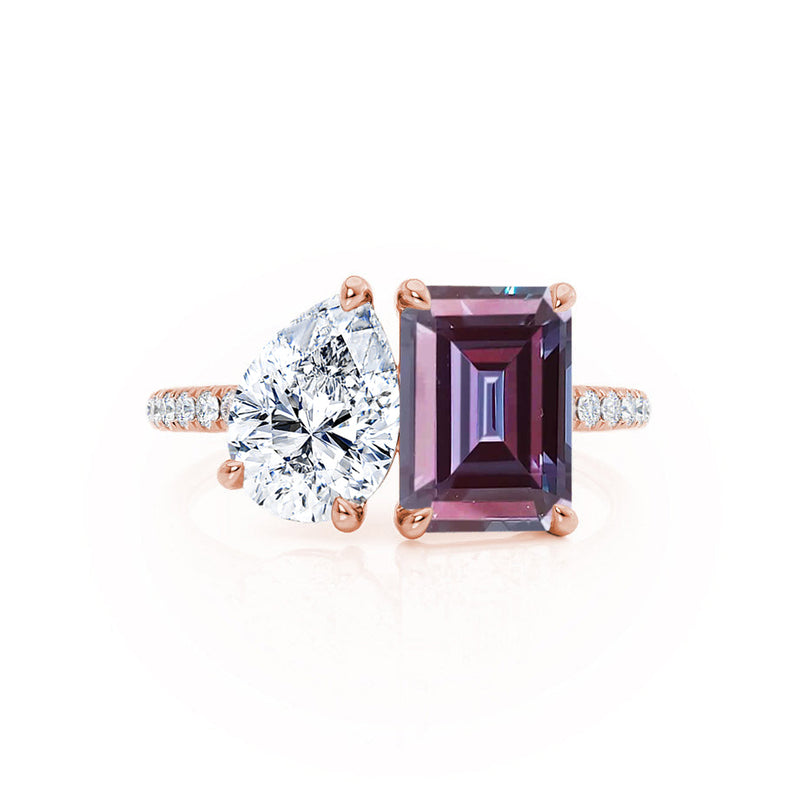 CELESTE - Toi Et Moi Chatham® Alexandrite Emerald & Lab Diamond Pear Cut Ring 18k Rose Gold