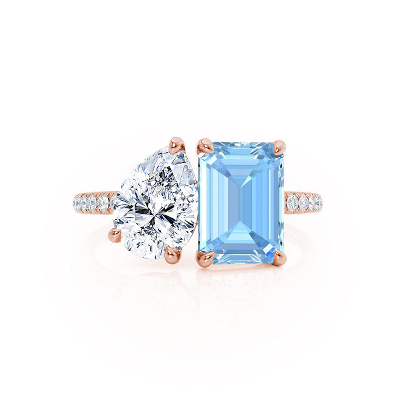 CELESTE - Toi Et Moi Chatham® Aqua Spinel Emerald & Lab Diamond Pear Cut Ring 18k Rose Gold