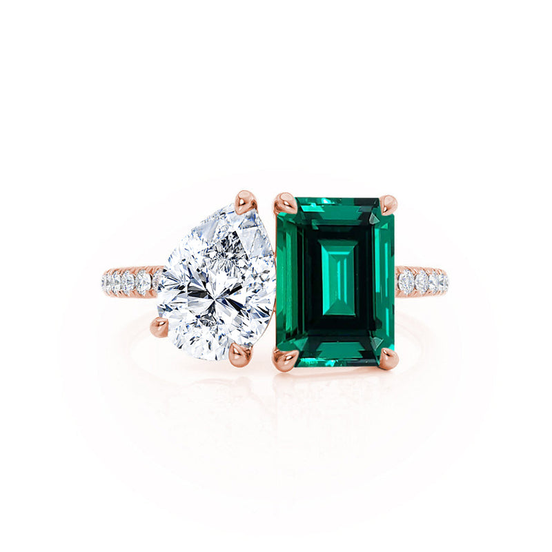 CELESTE - Toi Et Moi Chatham® Green Emerald & Lab Diamond Pear Cut Ring 18k Rose Gold