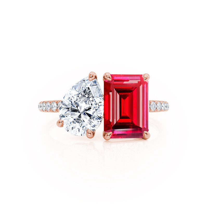 CELESTE - Toi Et Moi Chatham® Ruby Emerald & Lab Diamond Pear Cut Ring 18k Rose Gold
