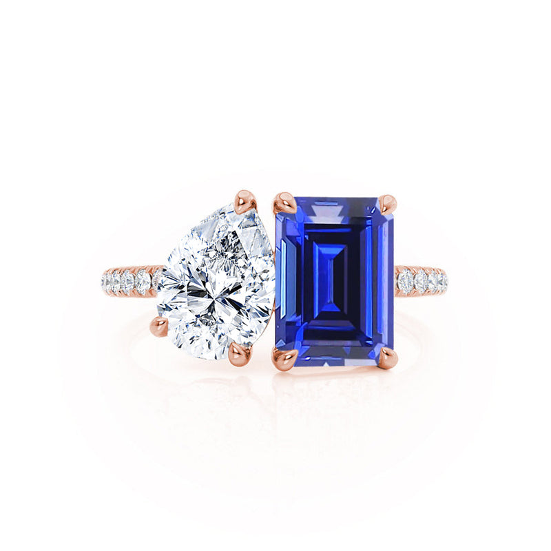 CELESTE - Toi Et Moi Chatham® Sapphire Emerald & Lab Diamond Pear Cut Ring 18k Rose Gold
