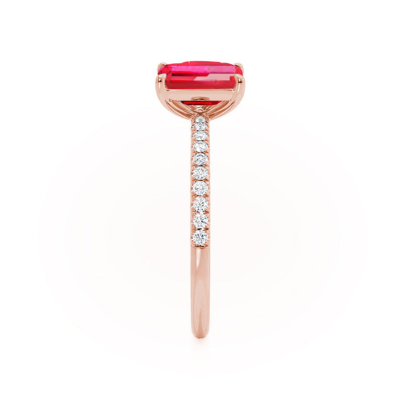 CELESTE - Toi Et Moi Chatham® Ruby Emerald & Lab Diamond Pear Cut Ring 18k Rose Gold