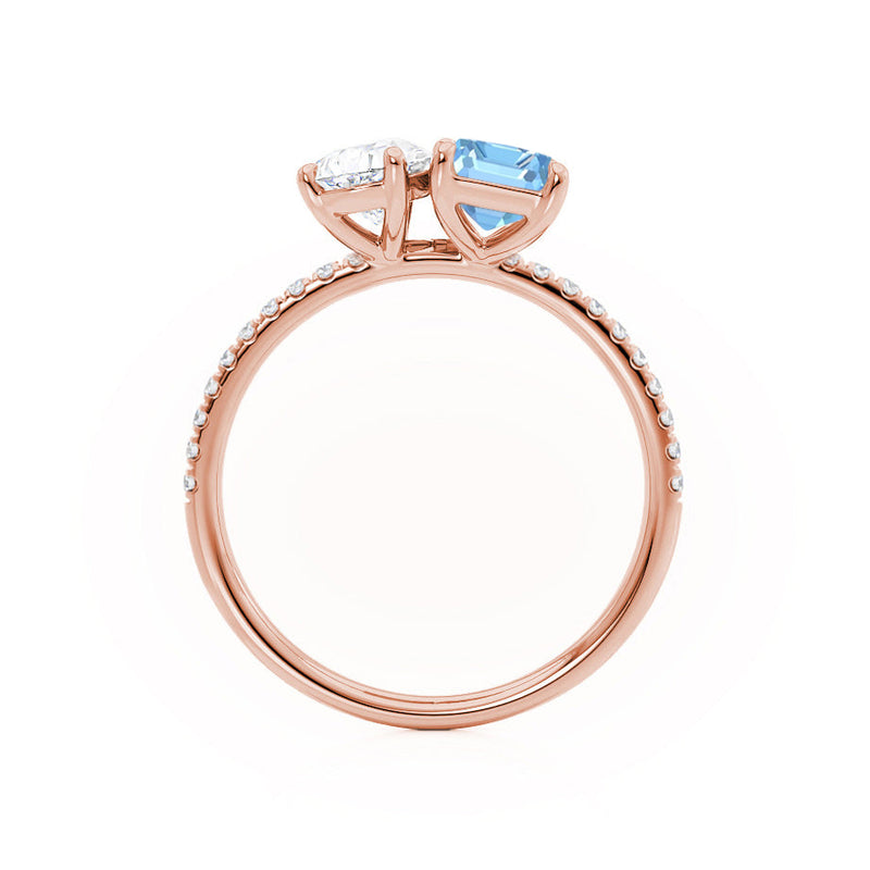 CELESTE - Toi Et Moi Chatham® Aqua Spinel Emerald & Lab Diamond Pear Cut Ring 18k Rose Gold