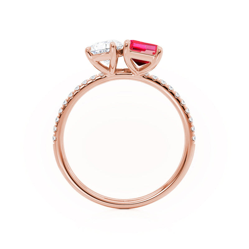 CELESTE - Toi Et Moi Chatham® Ruby Emerald & Lab Diamond Pear Cut Ring 18k Rose Gold
