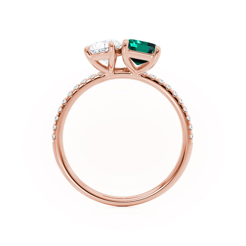 CELESTE - Toi Et Moi Chatham® Green Emerald & Lab Diamond Pear Cut Ring 18k Rose Gold