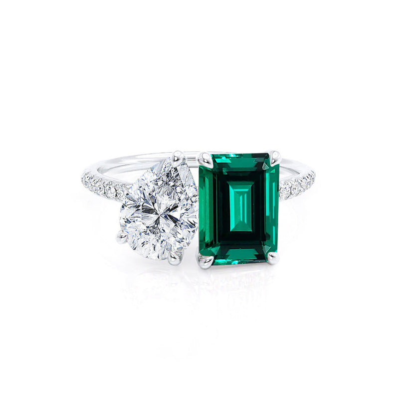 CELESTE - Toi Et Moi Chatham® Green Emerald & Lab Diamond Pear Cut Ring 950 Platinum