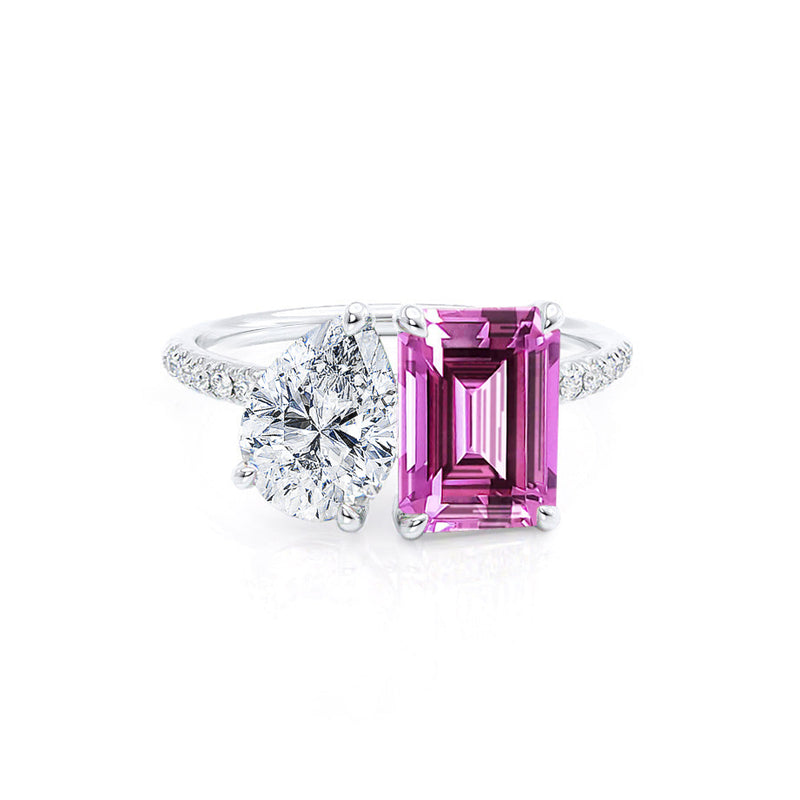 CELESTE - Toi Et Moi Chatham® Pink Sapphire Emerald & Lab Diamond Pear Cut Ring 18k White Gold