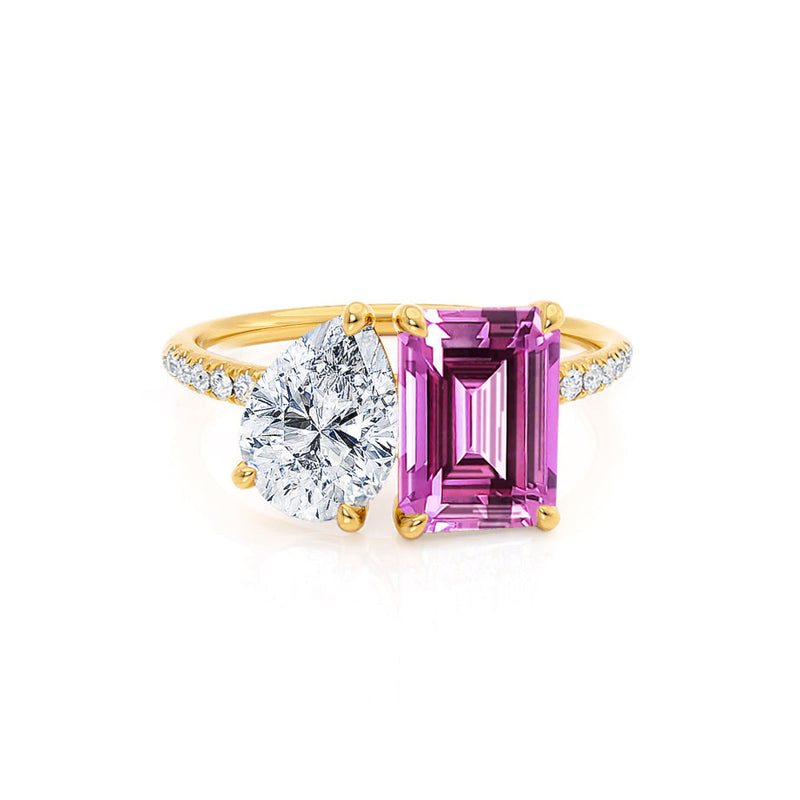 CELESTE - Toi Et Moi Chatham® Pink Sapphire Emerald & Lab Diamond Pear Cut Ring 18k Yellow Gold