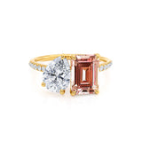 CELESTE - Toi Et Moi Chatham® Champagne Sapphire Emerald & Lab Diamond Pear Cut Ring 18k Yellow Gold