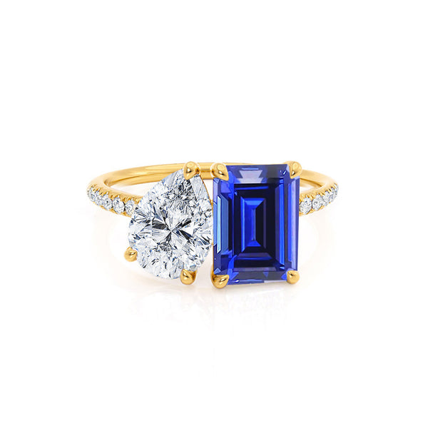 CELESTE - Toi Et Moi Chatham® Sapphire Emerald & Lab Diamond Pear Cut Ring 18k Yellow Gold
