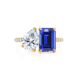 CELESTE - Toi Et Moi Chatham® Sapphire Emerald & Lab Diamond Pear Cut Ring 18k Yellow Gold