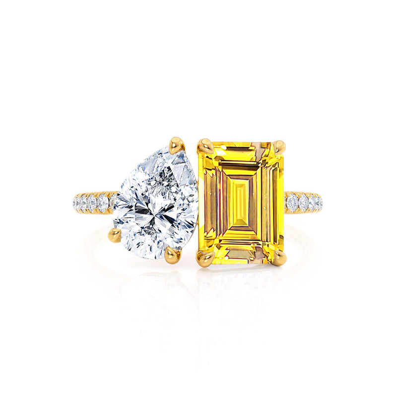 CELESTE - Toi Et Moi Chatham® Yellow Sapphire Emerald & Lab Diamond Pear Cut Ring 18k Yellow Gold