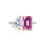 CELESTE - Toi Et Moi Chatham® Pink Sapphire Emerald & Lab Diamond Pear Cut Ring 18k Yellow Gold