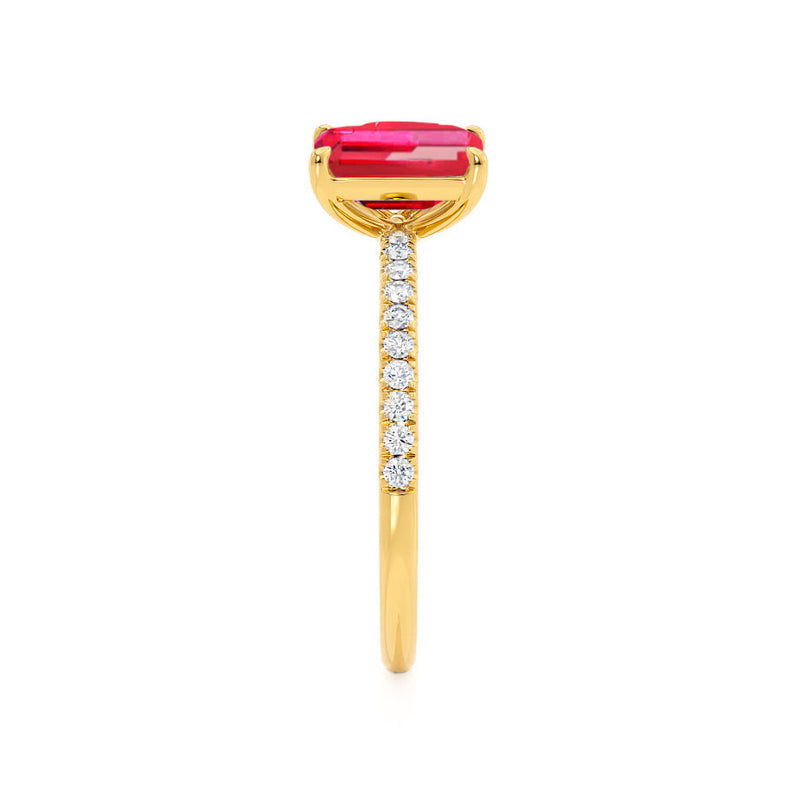 CELESTE - Toi Et Moi Chatham® Ruby Emerald & Lab Diamond Pear Cut Ring 18k Yellow Gold