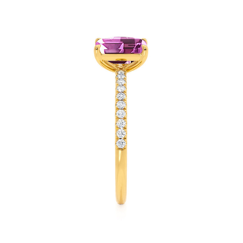CELESTE - Toi Et Moi Chatham® Pink Sapphire Emerald & Lab Diamond Pear Cut Ring 18k Yellow Gold