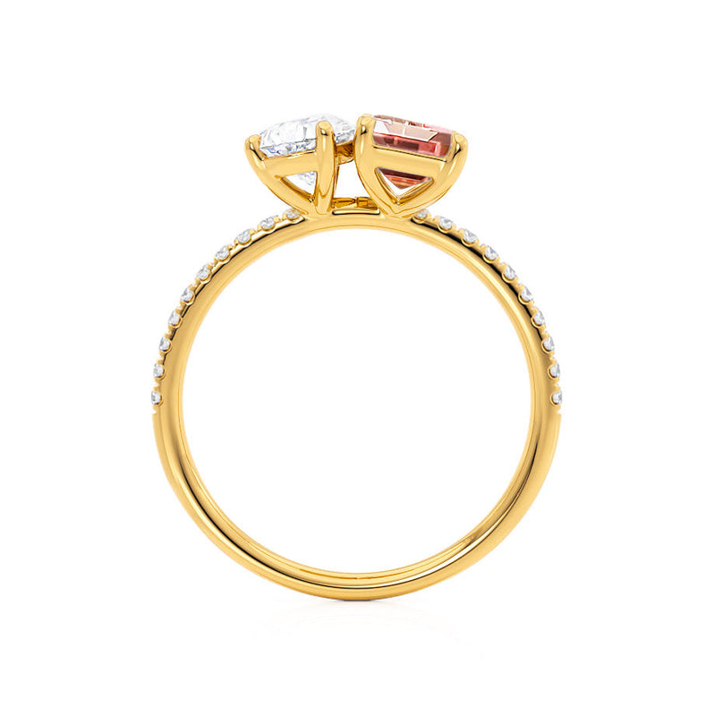 CELESTE - Toi Et Moi Chatham® Champagne Sapphire Emerald & Lab Diamond Pear Cut Ring 18k Yellow Gold