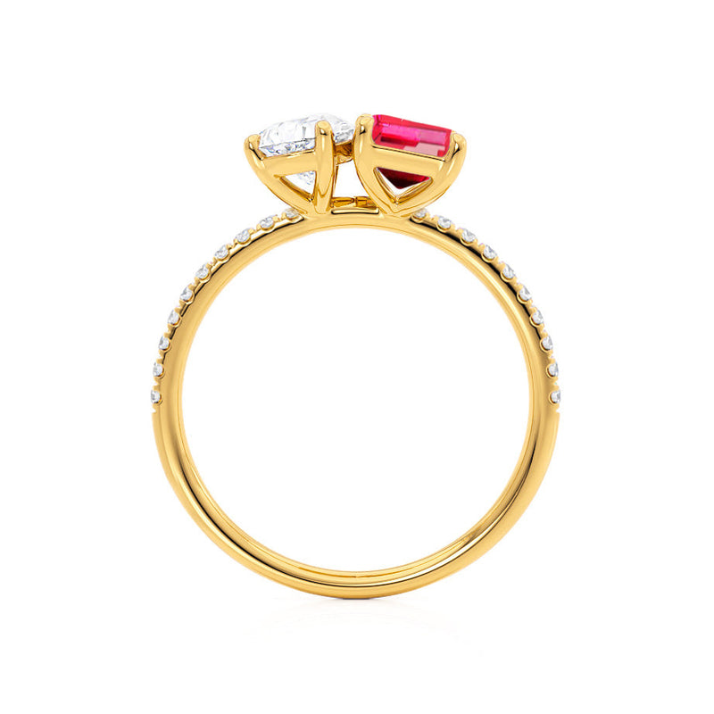 CELESTE - Toi Et Moi Chatham® Ruby Emerald & Lab Diamond Pear Cut Ring 18k Yellow Gold