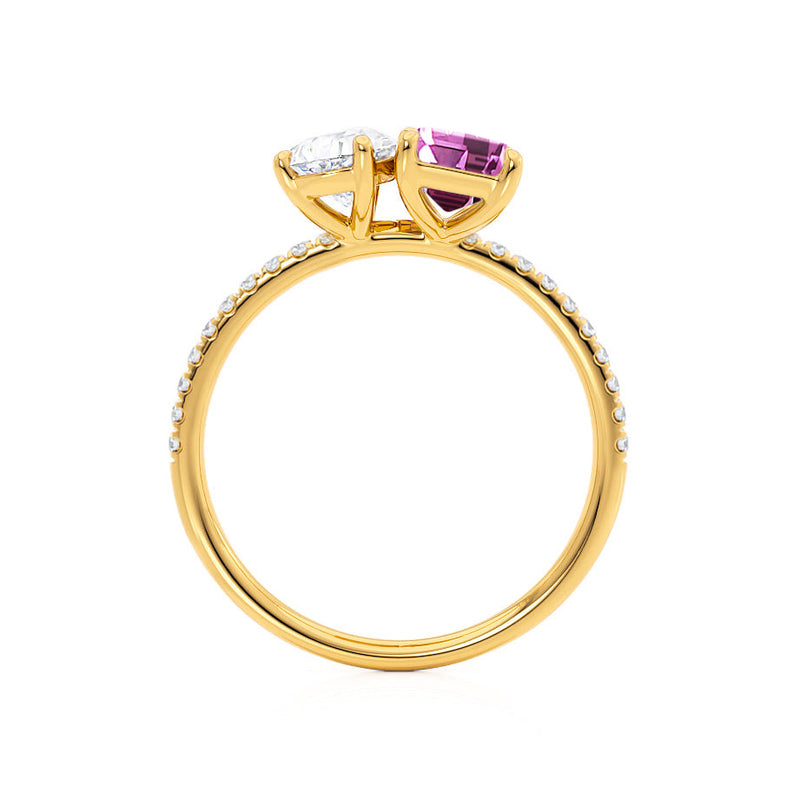 CELESTE - Toi Et Moi Chatham® Pink Sapphire Emerald & Lab Diamond Pear Cut Ring 18k Yellow Gold
