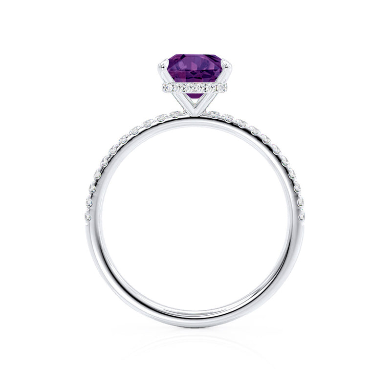 LIVELY - Radiant Alexandrite & Diamond 18k White Gold Petite Hidden Halo Pavé Shoulder Set Ring Engagement Ring Lily Arkwright