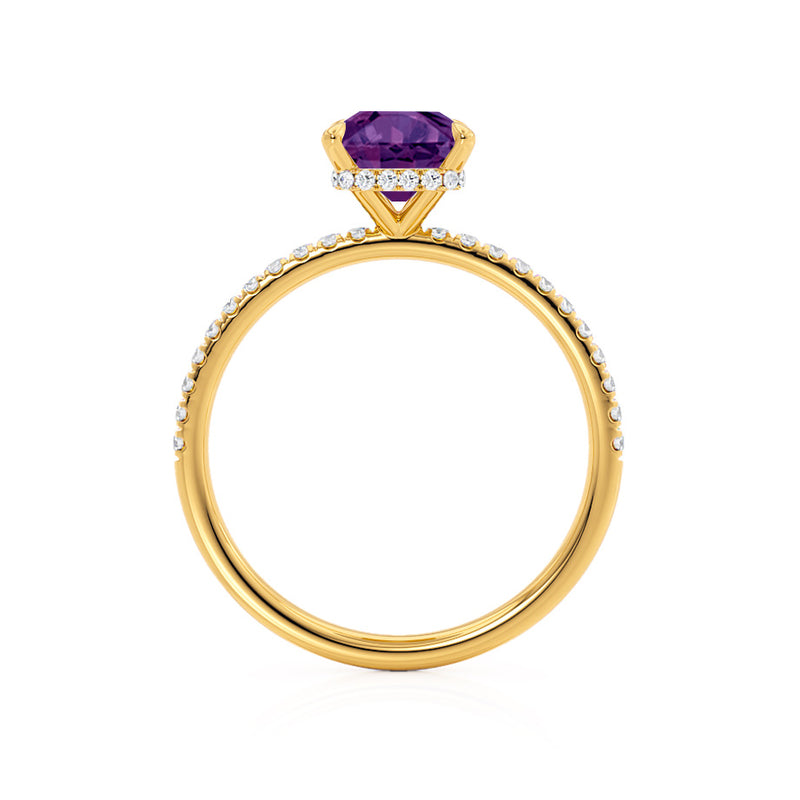 LIVELY - Radiant Alexandrite & Diamond 18k Yellow Gold Petite Hidden Halo Pavé Shoulder Set Ring Engagement Ring Lily Arkwright