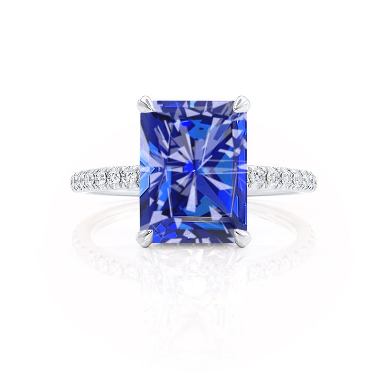 LIVELY - Radiant Blue Sapphire & Diamond 18k White Gold Petite Hidden Halo Pavé Shoulder Set Ring Engagement Ring Lily Arkwright