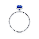 LIVELY - Radiant Blue Sapphire & Diamond 18k White Gold Petite Hidden Halo Pavé Shoulder Set Ring Engagement Ring Lily Arkwright