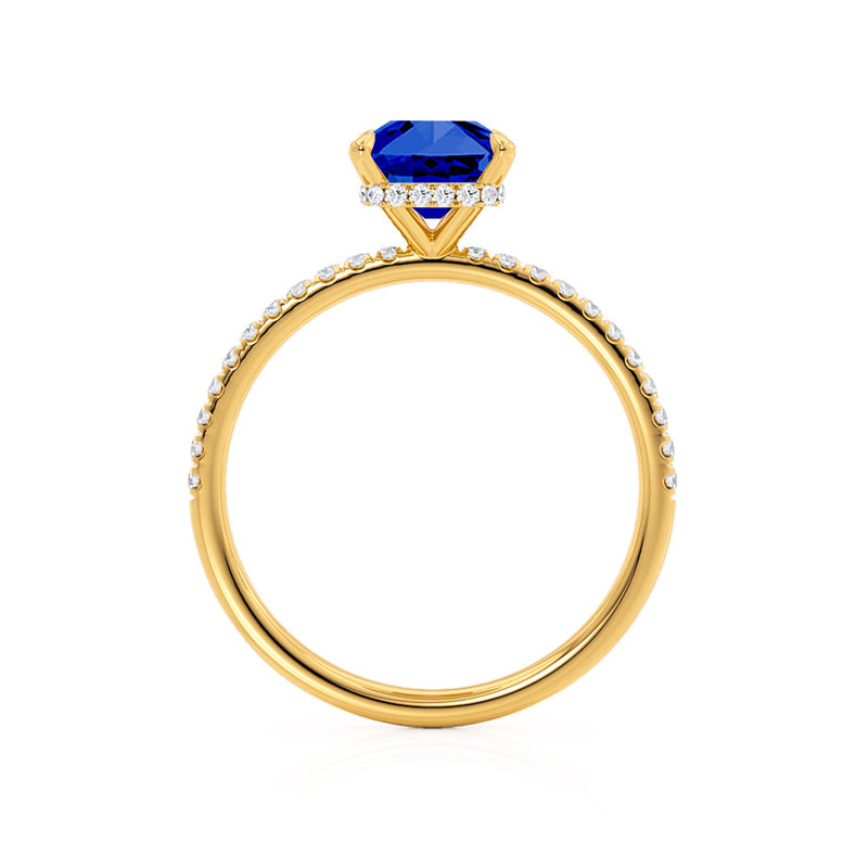 LIVELY - Radiant Blue Sapphire & Diamond 18k Yellow Gold Petite Hidden Halo Pavé Shoulder Set Ring Engagement Ring Lily Arkwright