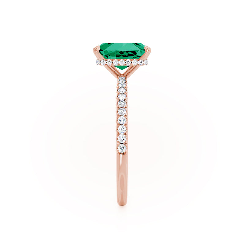 LIVELY - Radiant Emerald & Diamond 18k Rose Gold Petite Hidden Halo Pavé Shoulder Set Ring Engagement Ring Lily Arkwright