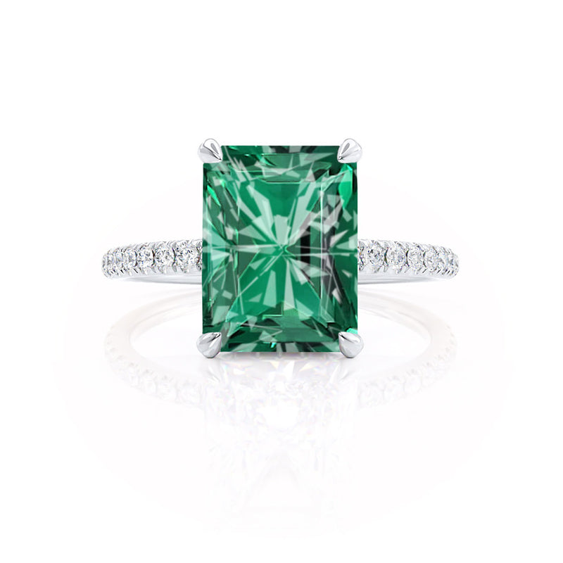 LIVELY - Radiant Emerald & Diamond 18k White Gold Petite Hidden Halo Pavé Shoulder Set Ring Engagement Ring Lily Arkwright
